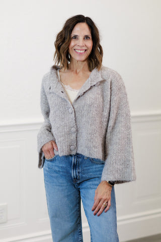 Fuzzy Knit Button-Down Boxy Cardigan in Light Taupe