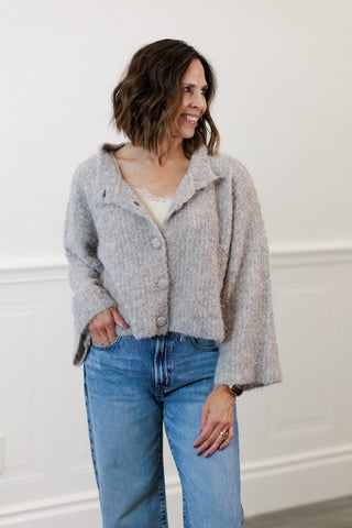 Fuzzy Knit Button-Down Boxy Cardigan in Light Taupe
