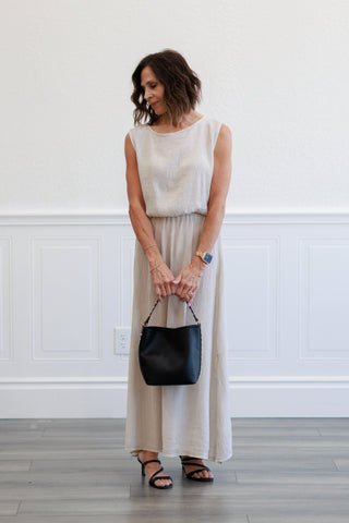 Beige Gauze Elastic Waist Maxi Skirt