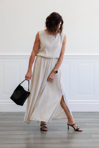 Beige Gauze Elastic Waist Maxi Skirt