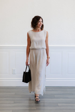 Beige Gauze Elastic Waist Maxi Skirt