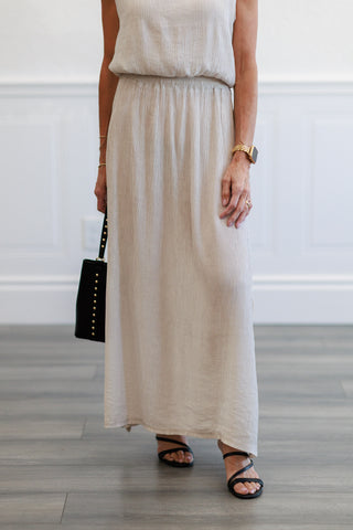 Beige Gauze Elastic Waist Maxi Skirt