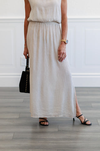 Beige Gauze Elastic Waist Maxi Skirt