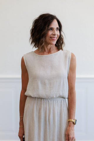 Beige Crinkle Gauze Ruched Trim Sleeveless Top