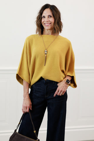 Crew Neck Batwing Sleeve Knit Top in Mustard