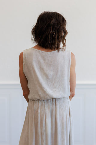 Beige Crinkle Gauze Ruched Trim Sleeveless Top