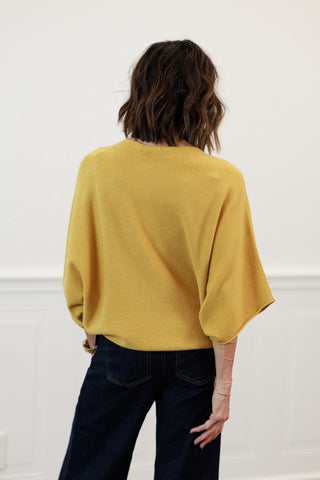 Crew Neck Batwing Sleeve Knit Top in Mustard