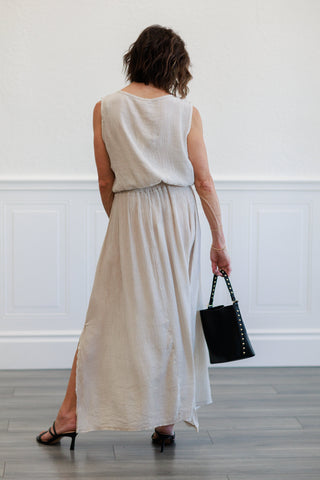 Beige Gauze Elastic Waist Maxi Skirt