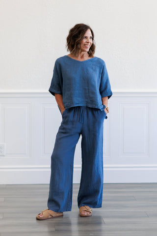 Slate Blue Linen Wide Leg Drawstring Pants