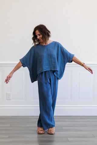 Denim Blue Linen V-Neck Crop Top
