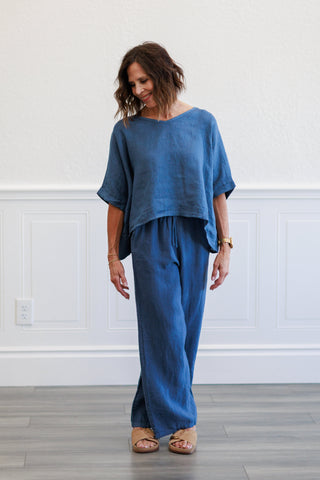 Slate Blue Linen Wide Leg Drawstring Pants