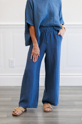 Slate Blue Linen Wide Leg Drawstring Pants