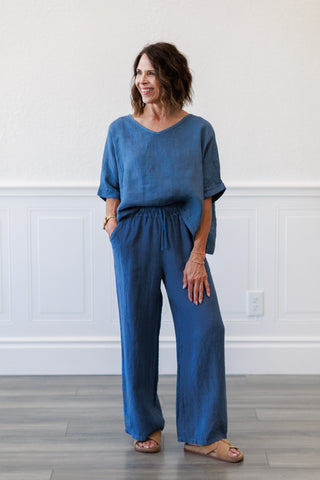 Denim Blue Linen V-Neck Crop Top