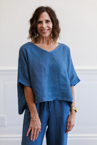 Denim Blue Linen V-Neck Crop Top