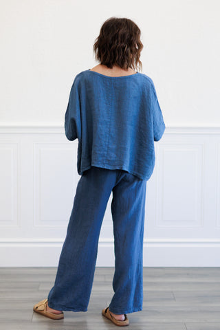 Slate Blue Linen Wide Leg Drawstring Pants