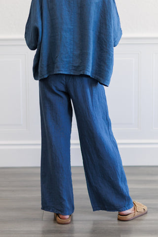 Slate Blue Linen Wide Leg Drawstring Pants