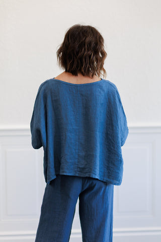 Denim Blue Linen V-Neck Crop Top