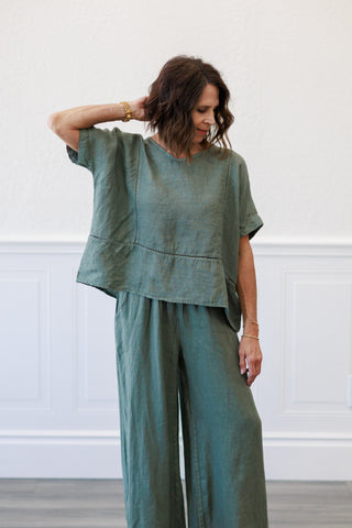 Army Green Linen Ladder Trim V Neck Top