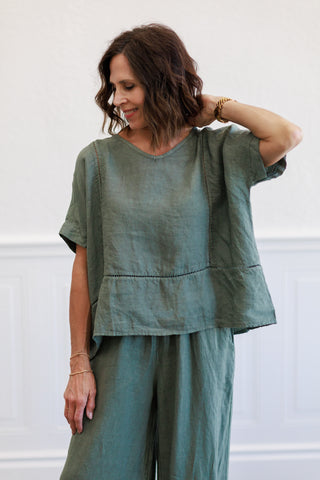 Army Green Linen Ladder Trim V Neck Top