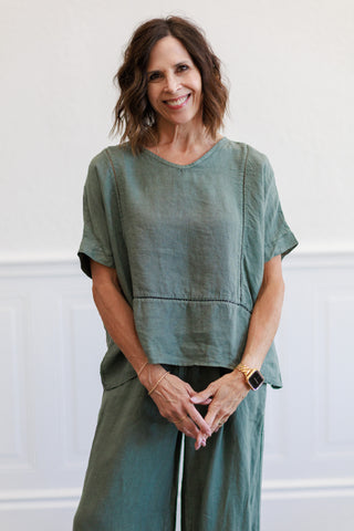 Army Green Linen Ladder Trim V Neck Top