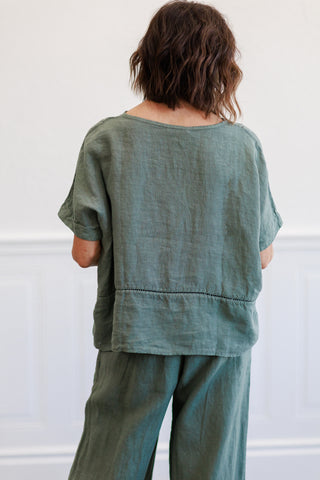 Army Green Linen Ladder Trim V Neck Top