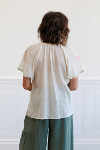 Cream Embroidered Boho Tassel Top