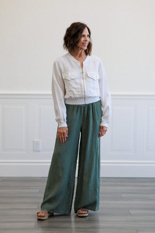 White Linen Puff Sleeve Cropped Jacket