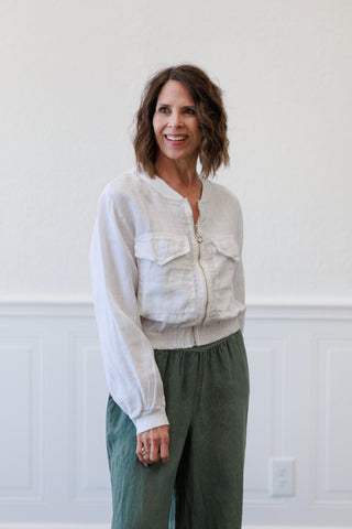 White Linen Puff Sleeve Cropped Jacket