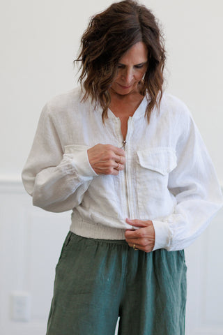 White Linen Puff Sleeve Cropped Jacket