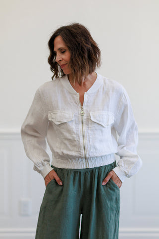 White Linen Puff Sleeve Cropped Jacket