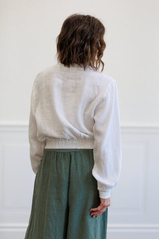 White Linen Puff Sleeve Cropped Jacket