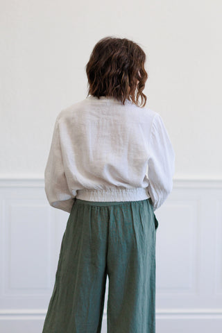 White Linen Puff Sleeve Cropped Jacket