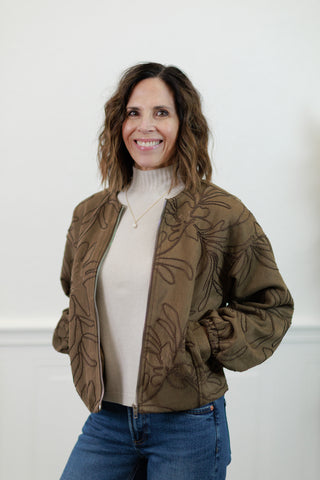 Faux Suede Bomber Jacket with Embroidery Detail – Women's Bomber Jacket by Zoe & Claire