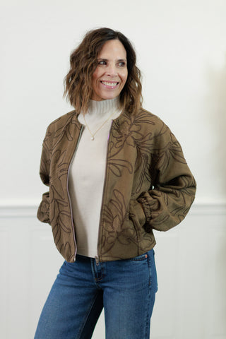 Faux Suede Bomber Jacket with Embroidery Detail – Women's Bomber Jacket by Zoe & Claire