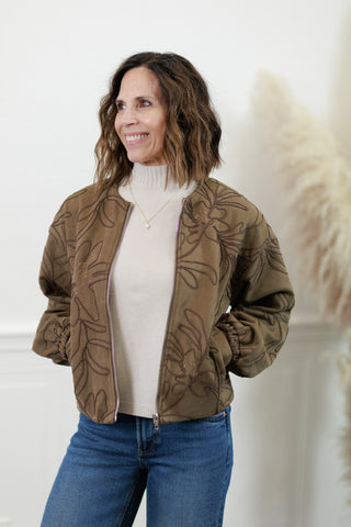 Faux Suede Bomber Jacket with Embroidery Detail – Women's Bomber Jacket by Zoe & Claire