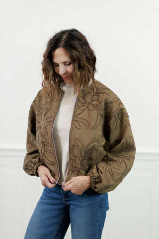 Faux Suede Bomber Jacket with Embroidery Detail – Women's Bomber Jacket by Zoe & Claire