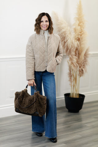 Corduroy Plush Quilted Cropped Jacket in Taupe