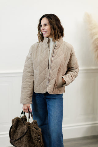 Corduroy Plush Quilted Cropped Jacket in Taupe