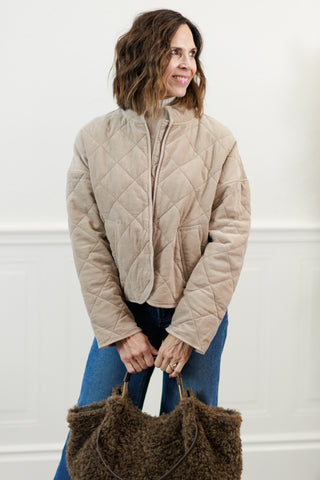 Corduroy Plush Quilted Cropped Jacket in Taupe