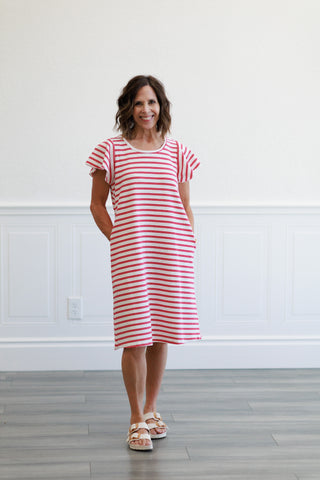 Striped Ruffle Sleeve Dress in Red