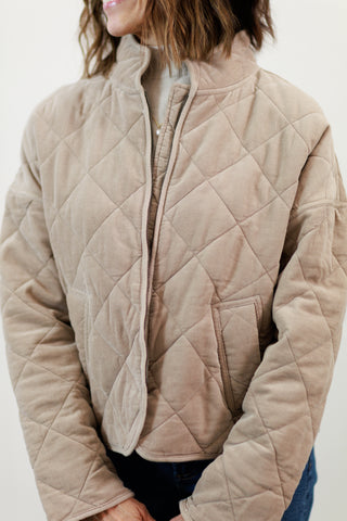 Corduroy Plush Quilted Cropped Jacket in Taupe