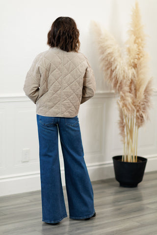 Corduroy Plush Quilted Cropped Jacket in Taupe