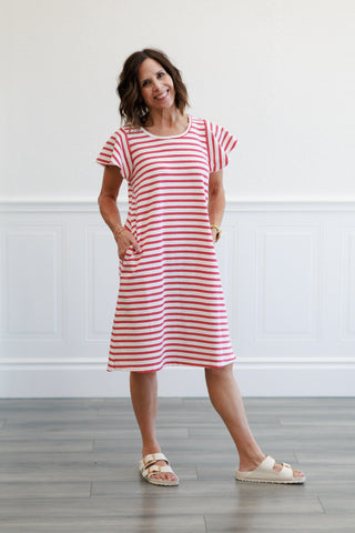 Striped Ruffle Sleeve Dress in Red