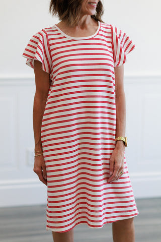 Striped Ruffle Sleeve Dress in Red