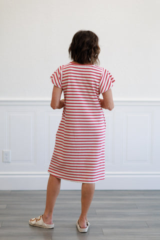 Striped Ruffle Sleeve Dress in Red