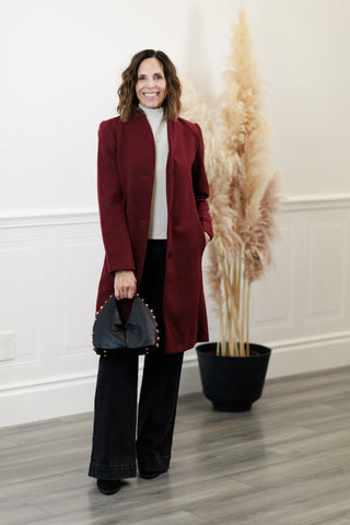 Tailored Wool Blend Car Coat in Wine