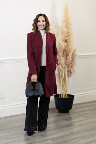 Tailored Wool Blend Car Coat in Wine