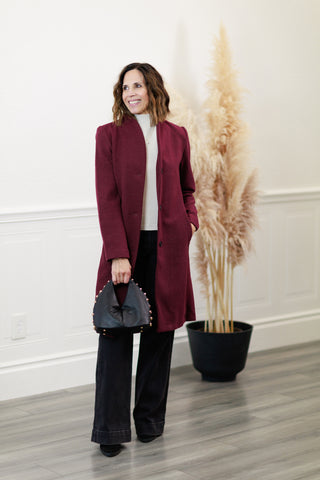 Tailored Wool Blend Car Coat in Wine
