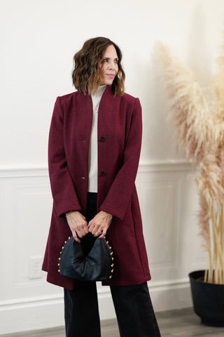 Tailored Wool Blend Car Coat in Wine