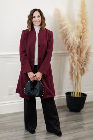 Tailored Wool Blend Car Coat in Wine